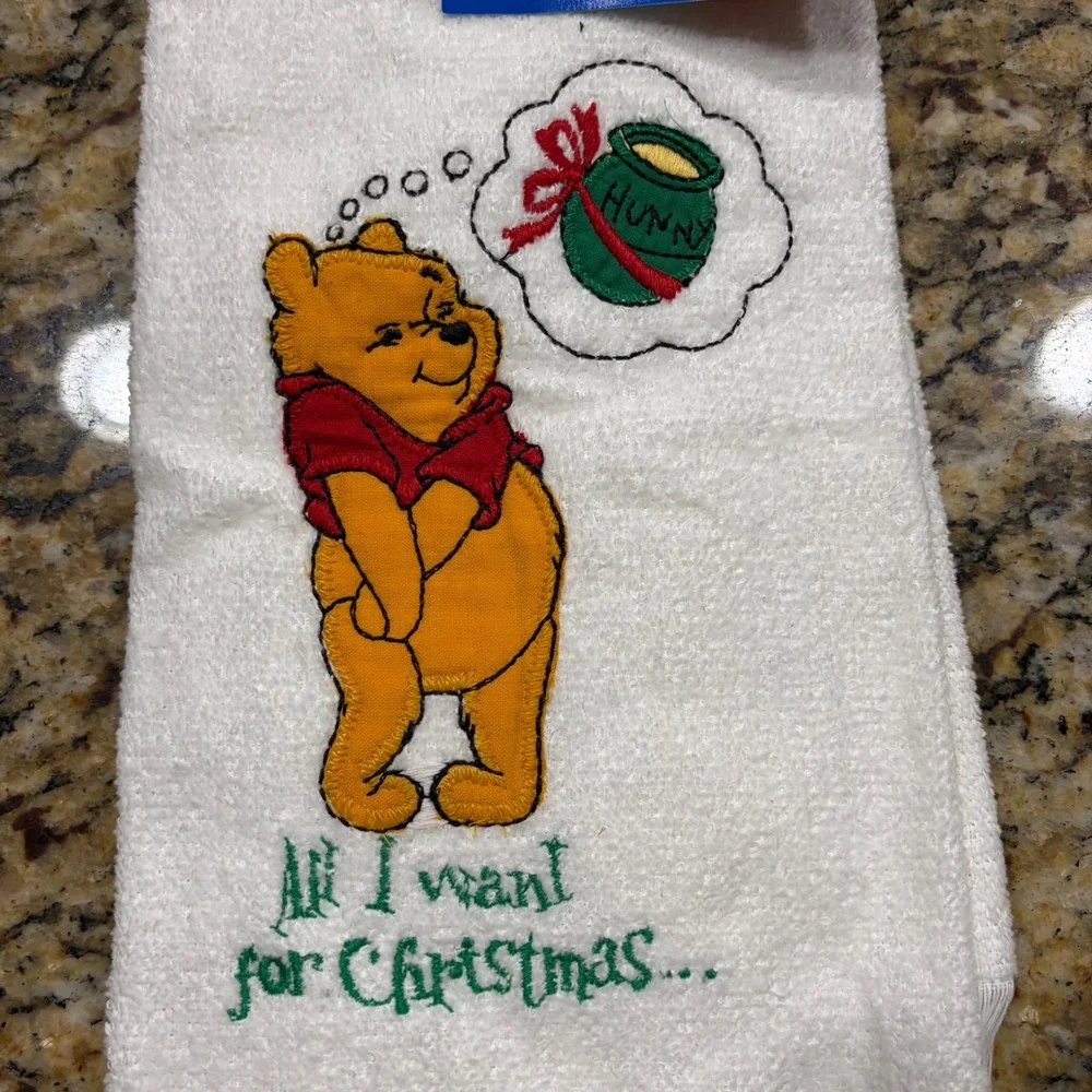 NEW Disney Winnie the Pooh Christmas Kitchen Towel White Embroidered Honey Pot